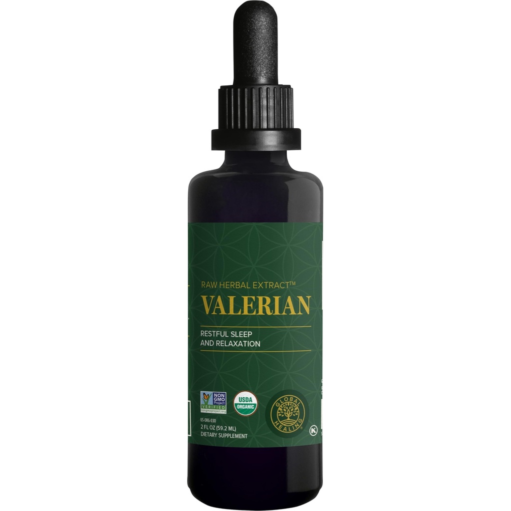 Global Healing Organic Valerian Root Extract Liquid Supplement - Raw Herbal Extract for Healthy Relaxation, Sleep & Calm -Alternative to Valerian Root Capsules for Bioavailability - 2 Fl Oz