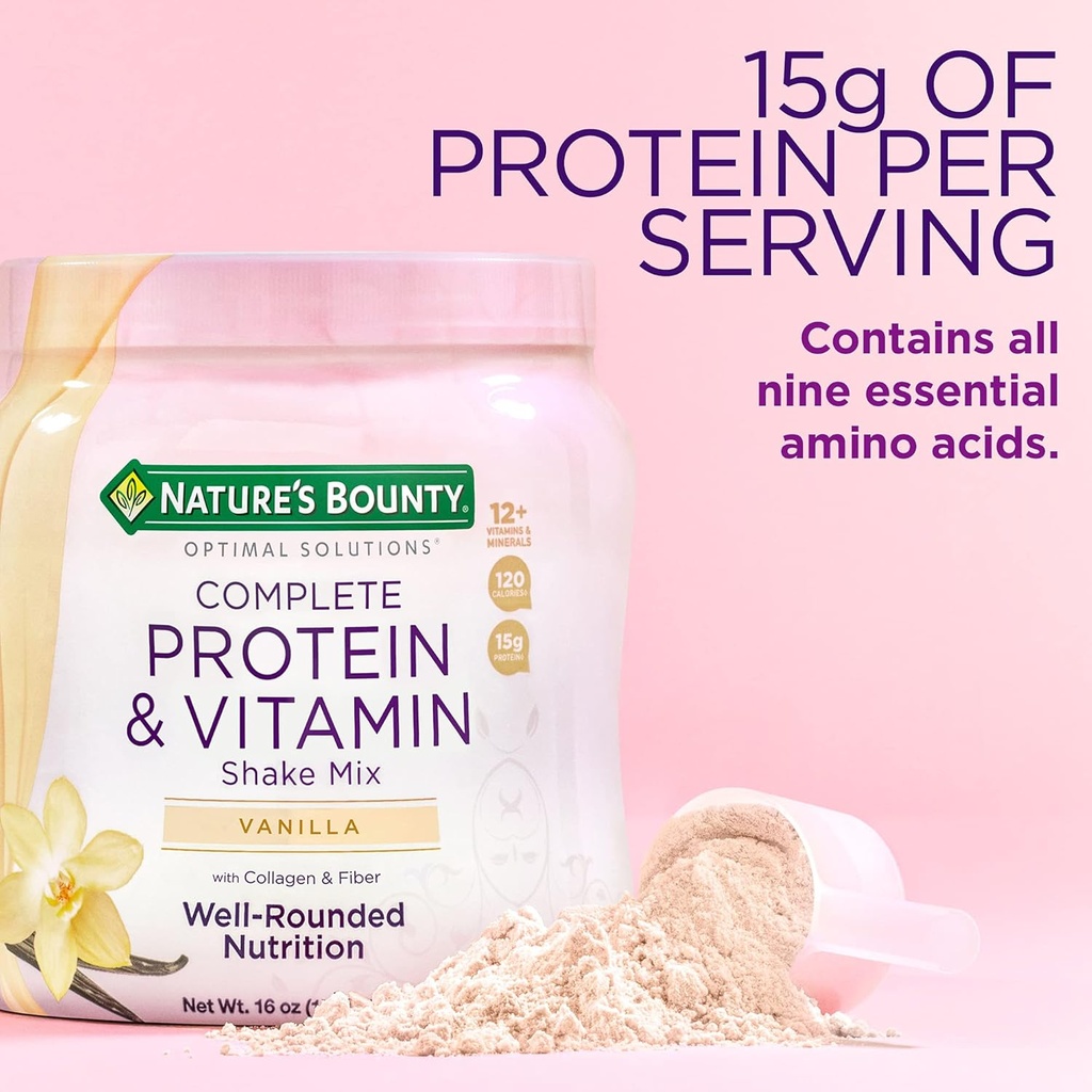 Nature's Bounty Complete Protein & Vitamin Shake Mix with Collagen & Fiber, Περιέχει βιταμίνη C για την ανοσοποιητική υγεία, Vanilla Flavored, 1 Λίβρα (Pack of 2)