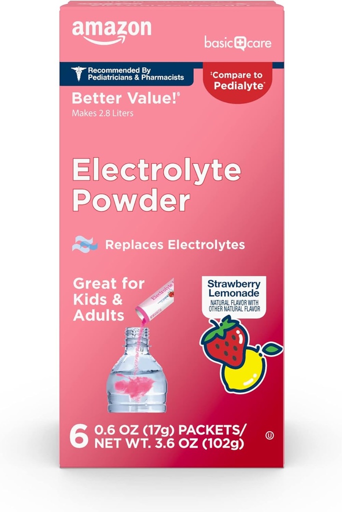 Βασική φροντίδα Ηλεκτρολυτές Powder Packets, Λεμονάδα Φράουλα, 6 Count (πακέτο του 1)