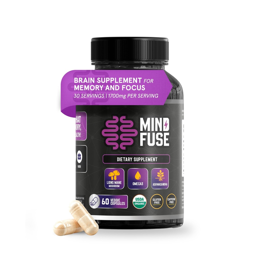 Nootropic Memory Booster Supplement for Adults - Lion’s Mane Capsules with Omega-3, Ashwagandha & L-Theanine for Focus & Memory - Gluten-Free 60 Capsules