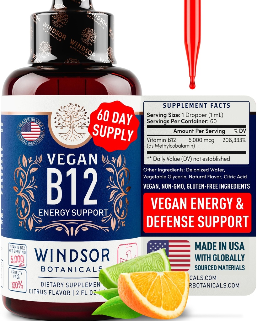 Vegan Vitamin B12 Liquid - Max Strength Methylcobalamin B12 Υπογλώσσια 5000 mcg - Γρήγορο συμπλήρωμα απορρόφησης για Mood, Μνήμη και Ενεργειακή Υποστήριξη - Μη ΓΤΟ, Χωρίς γλουτένη, Εσπεριδοειδή Γεύση B 12 σταγόνες, 2 ουγγιές