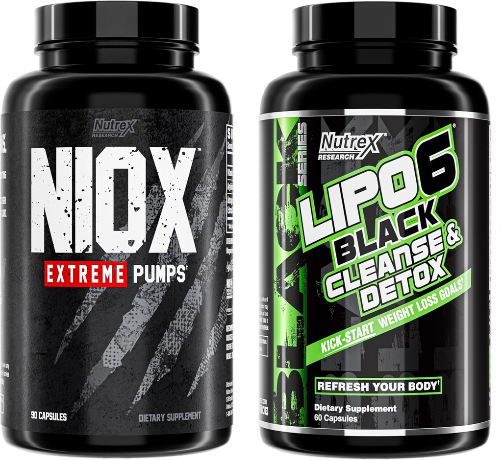 Nutrex Research NIOX Extreme Pumpsc και Lipo6 Detox and Cleanse - NO3-T Συμπλήρωμα νιτρικού αργινίνης με Βιταμίνη C και AstraGin - Καθαριστικό Κολόν και Detox για γυναίκες & άνδρες