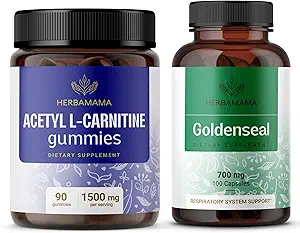 HERBAMAMA L-Carnitine and Goldenseal Kit - Συσκευασία των 1500 mg Acetyl L-Carnitine Gummies & 700 mg Goldenseal Capses - Vegan, Non-GMO, Gelatin- Free - 2 Pack