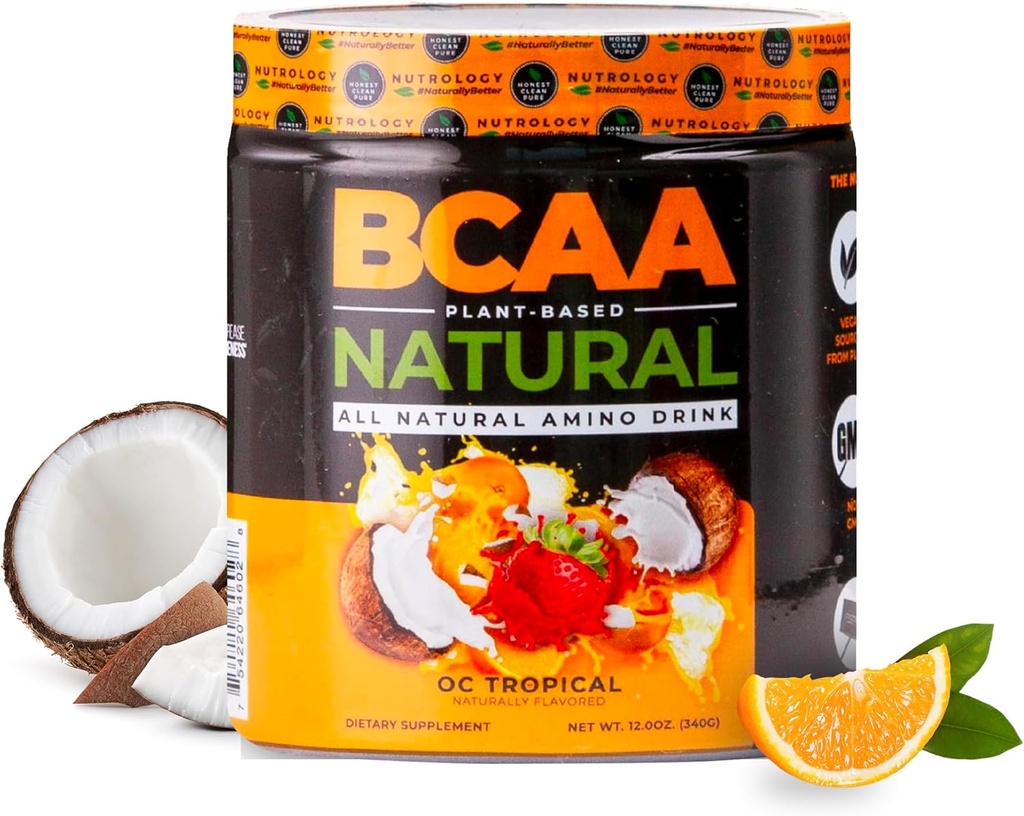 Nutrology BCAA Φυσική - Plant Based BCAA Σκόνη, Πορτοκαλί Coconut Γεύση, Βελτιστοποιημένη 2:1:1 Ratio Amino Acids Σκόνη για την προ προπόνηση & μετά την προπόνηση ανάκτηση, Vegan, Gluten-free, Μη-GMO, 30 εξυπηρετούν