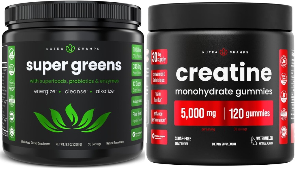 NutraChamps Πλήρης προπόνηση & ενεργειακό πακέτο - Super Greens & Createine Gummies.