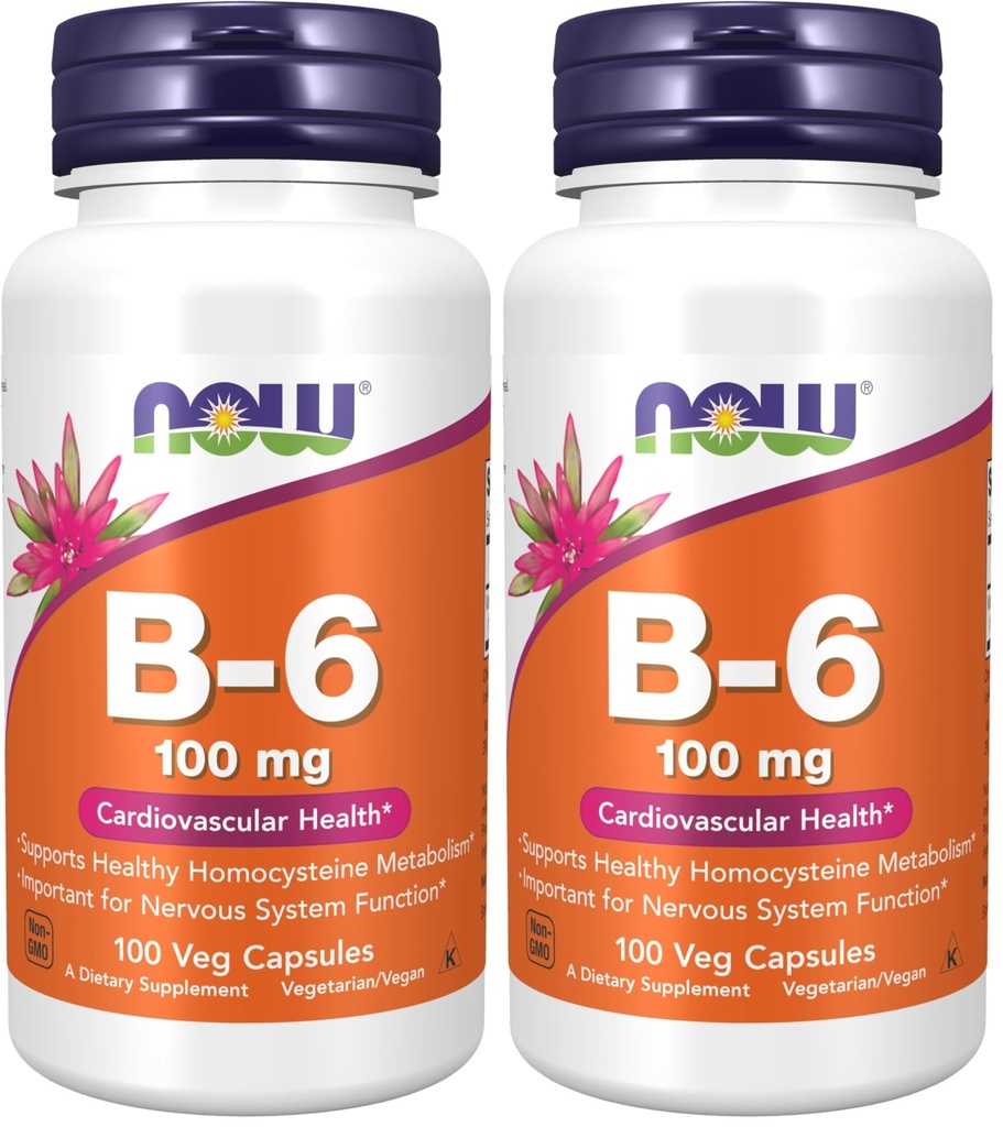 NOW Συμπληρώματα, Βιταμίνη B-6 (Pyridoxine HCl) 100 mg, Καρδιαγγειακή Υγεία *, 100 Κάψουλες Veg (πακέτο των 2)
