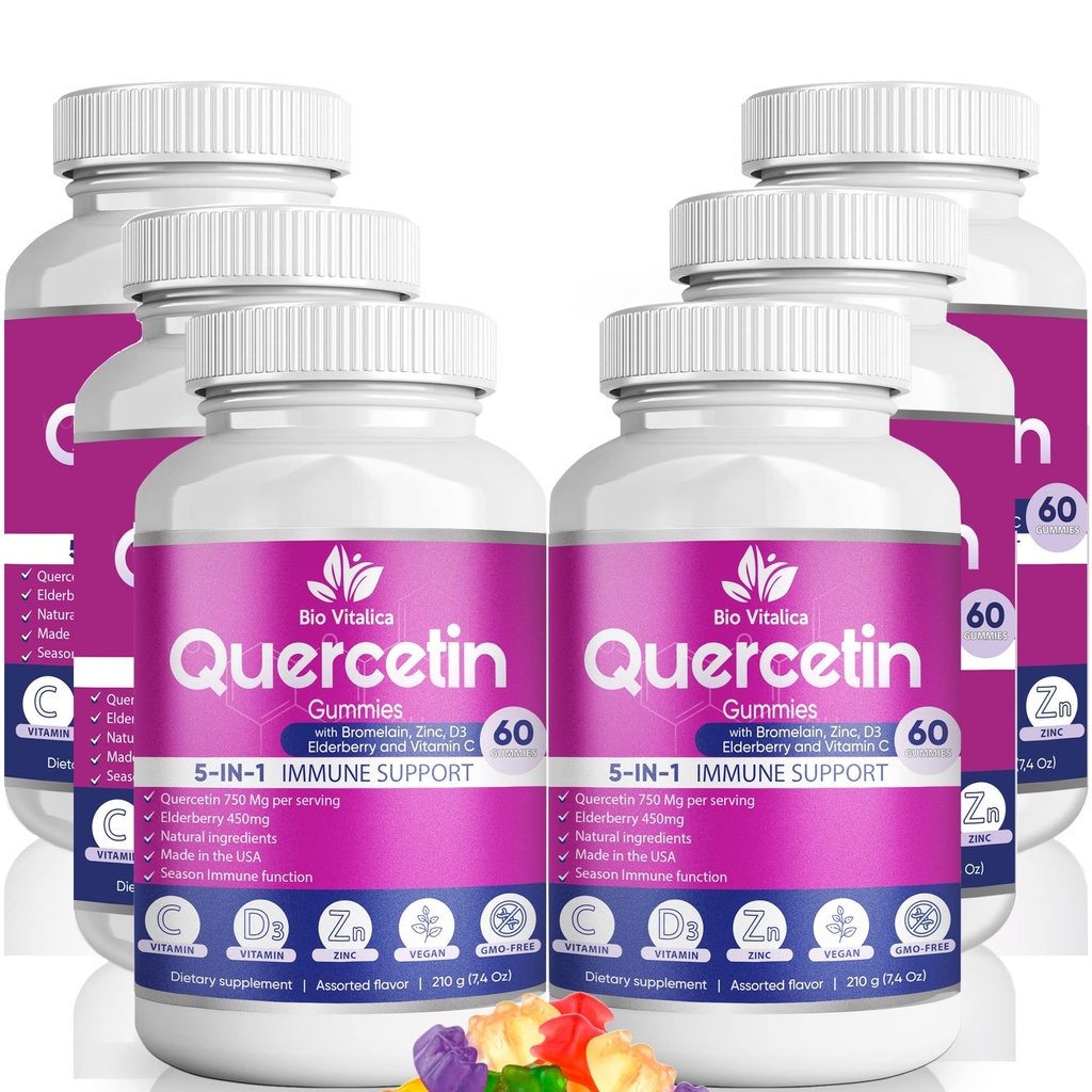 Quercetin Gummies by BioVitalica - Quercetin με Bromelain Vitamin C και Zinc & Elderberry + Βιταμίνη D3-5 σε 1 Ανοσολογική Υποστήριξη - Ψευδάργυρος Quercetin 750 mg για Παιδιά και Ενήλικες (6, Quercetin)