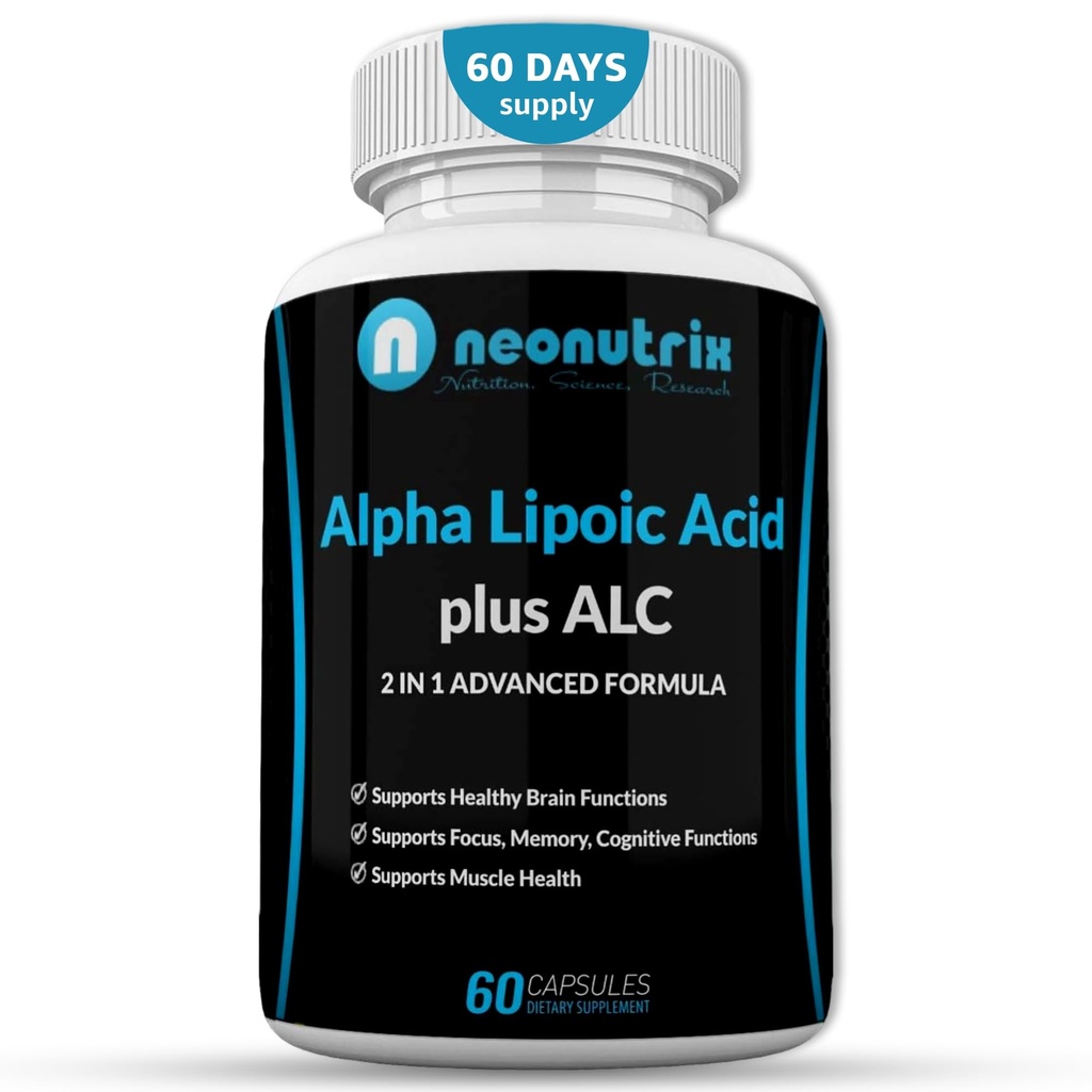 Alpha Lipoic Acid Plus Acetyl L-Carnitine Antioxidant Supplement ALA ALC for Healthy Brain Function & Muscle Strength, Focus, Memory & Cognitive Function for Women & Men - 60 Capsules by Neonutrix