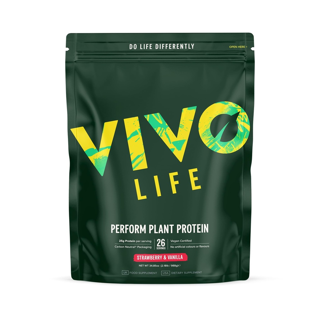 Vivo life Perform Plant Protein Powder | 25g Protein with 6g BCAAs, Iron, Zinc, Turmeric & Herbal Enzyme Blend (34.85 oz (Pack of 1), Strawberry & Vanilla)