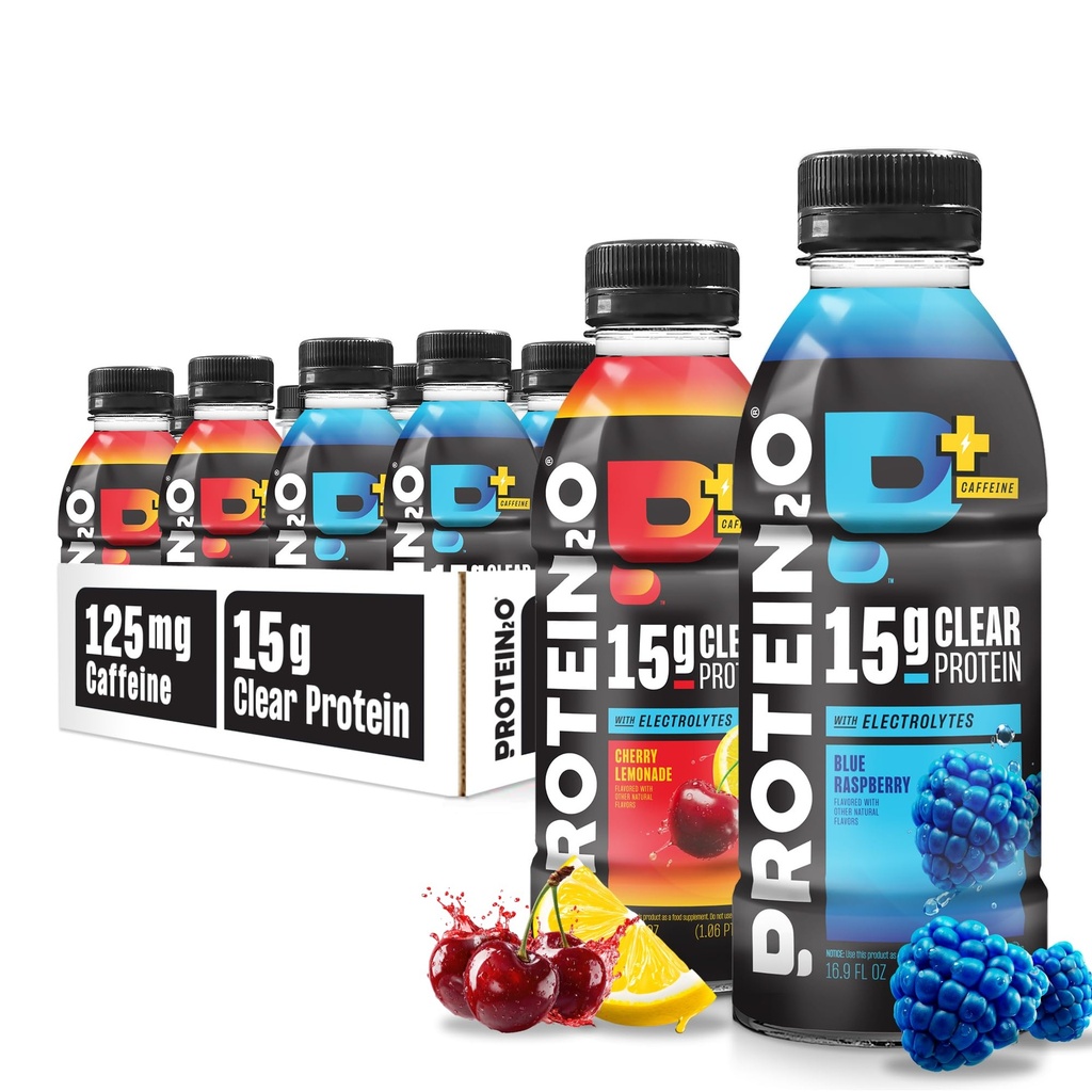 Protein2o 15g Whey Protein Isolate Hydration Drink Plus Energy & Focus, 350mg ηλεκτρολυτών, βιταμινών B5 & B6, χωρίς ζάχαρη, συσκευασία ενεργειακών ποικιλιών, μπουκάλι 16,9 oz (πακέτο των 12)