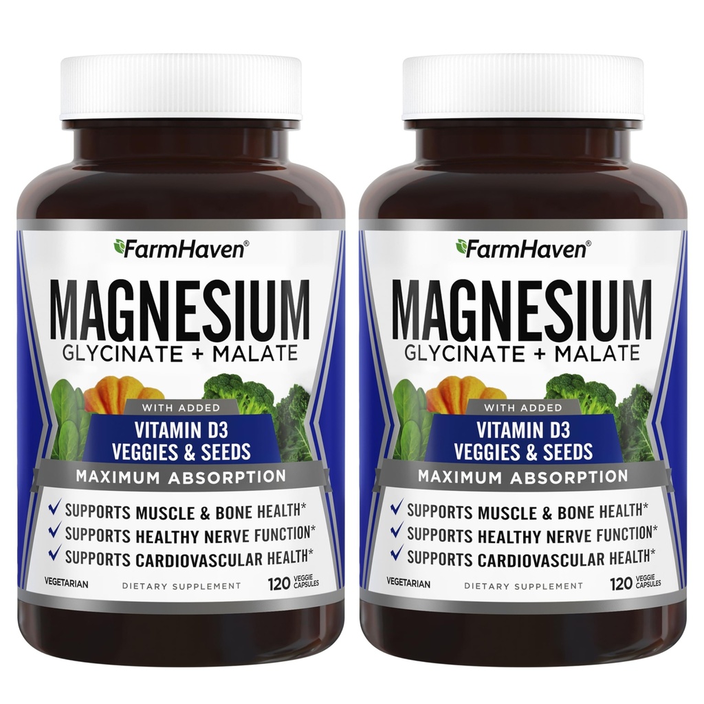 FarmHaven Μαγνήσιο Glycinate & Malate Complex w/Vitamin D3, 100% Χηλικό για Max Απορρόφηση- Υγεία των οστών, Νεύρα, Μύες, 240 κάψουλες, 120 ημέρες