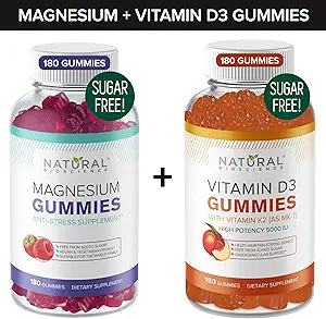 Gummies μαγνησίου χωρίς ζάχαρη (180 Gummies) και χωρίς ζάχαρη Βιταμίνη D Gummies (180 Gummies) – Immune Support & Relaxation Value Bundle, Gelatin-free, Gluten-free, Vegan, Όλα φυσικά, GMO-free, Kosher