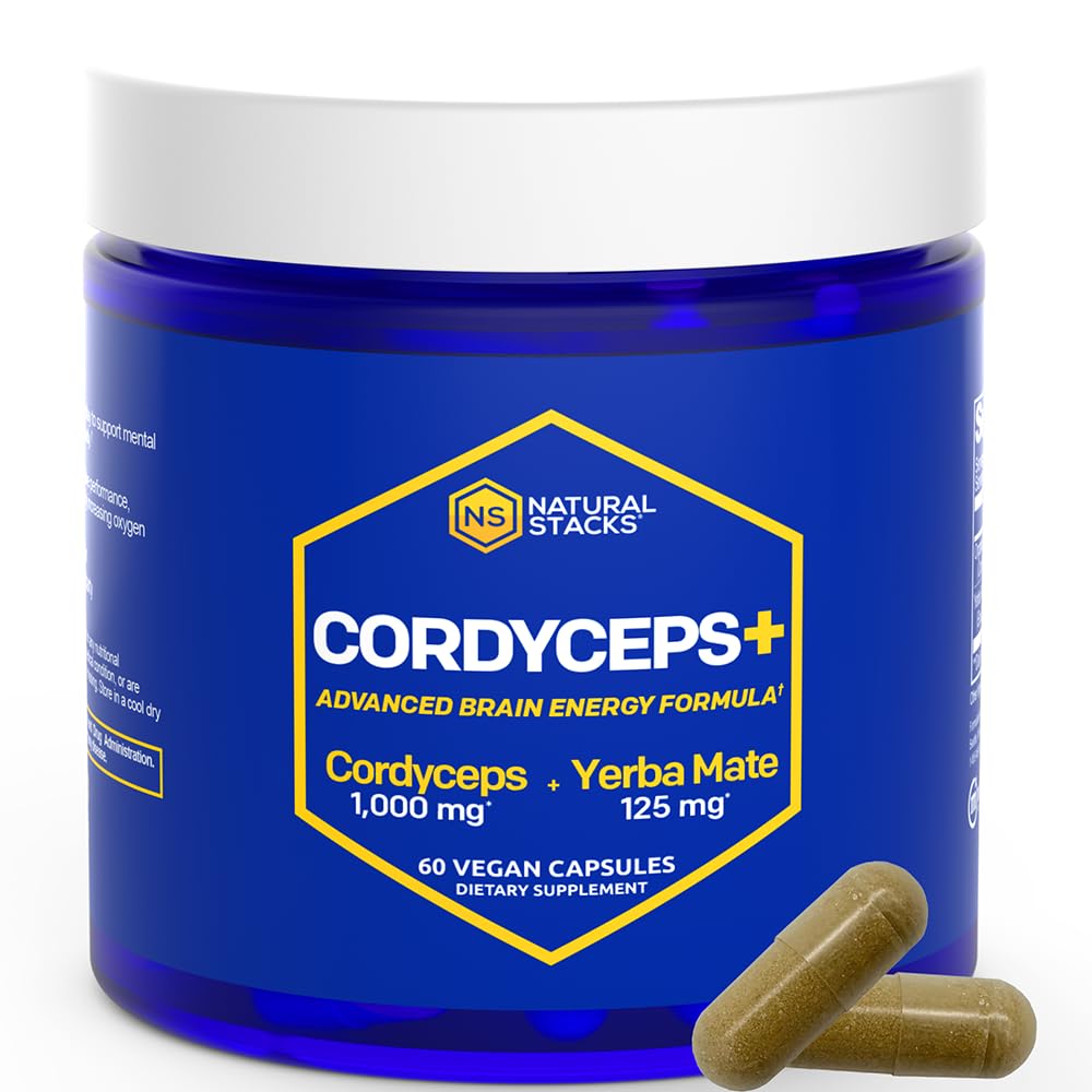 Cordyceps Mushroom Capsules - 1000mg Cordyceps Extract & 125mg Yerba Mate Extract - 100% Fruiting Body Mushroom Supplement - Supports Brain Energy & Cognitive Performance - 60 Yerba Mate Capsules