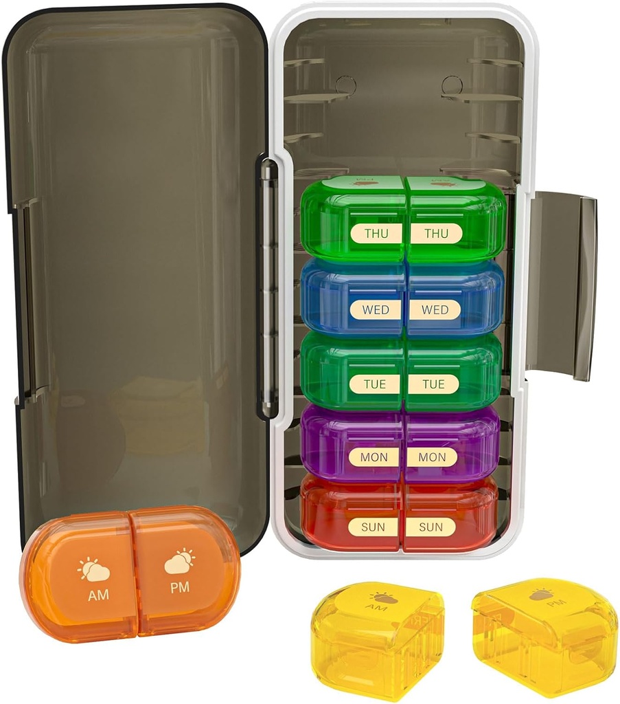 Weekly Pill Organizer 2 φορές την ημέρα, Moisture-Proof, Αποσπώμενα διαμερίσματα, AM PM Pill Box 2x 7 Day, Travel Pill Organizer για χάπια / Fish Oil / Medication / Vitamin / Συμπληρώματα (Μαύρο + Πολύχρωμο)