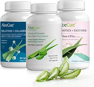 Συσκευασία καψακίων AloeCure Organic Aloe Vera - 3 κομμάτια - Μελατονίνη + κολλαγόνο, κάψουλες Aloe Vera, Probiotic + Ένζυμο