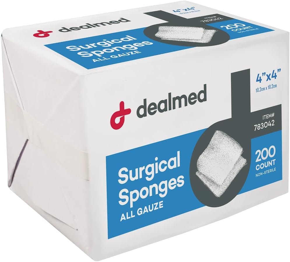 Dealmed 4" x 4" Surgical Sponges, 8-Ply, Non-Woven Absorbent Gauze Sponges for Wound Care, First Aid Kits and Medical Facilities, 200 Count (Pack of 1)