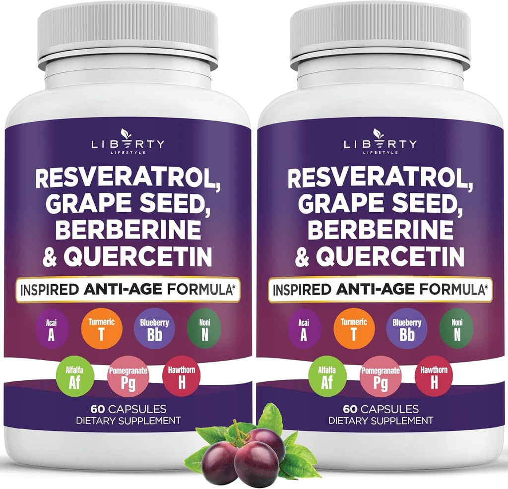 Resveratrol, Berberine, εκχύλισμα σπόρων σταφυλιών, Quercetin, συμπλήρωμα πολυφαινόλης για γυναίκες και άνδρες με εκχύλισμα Noni, N-Acetyl Cysteine, εκχύλισμα Acai - 2-Pack