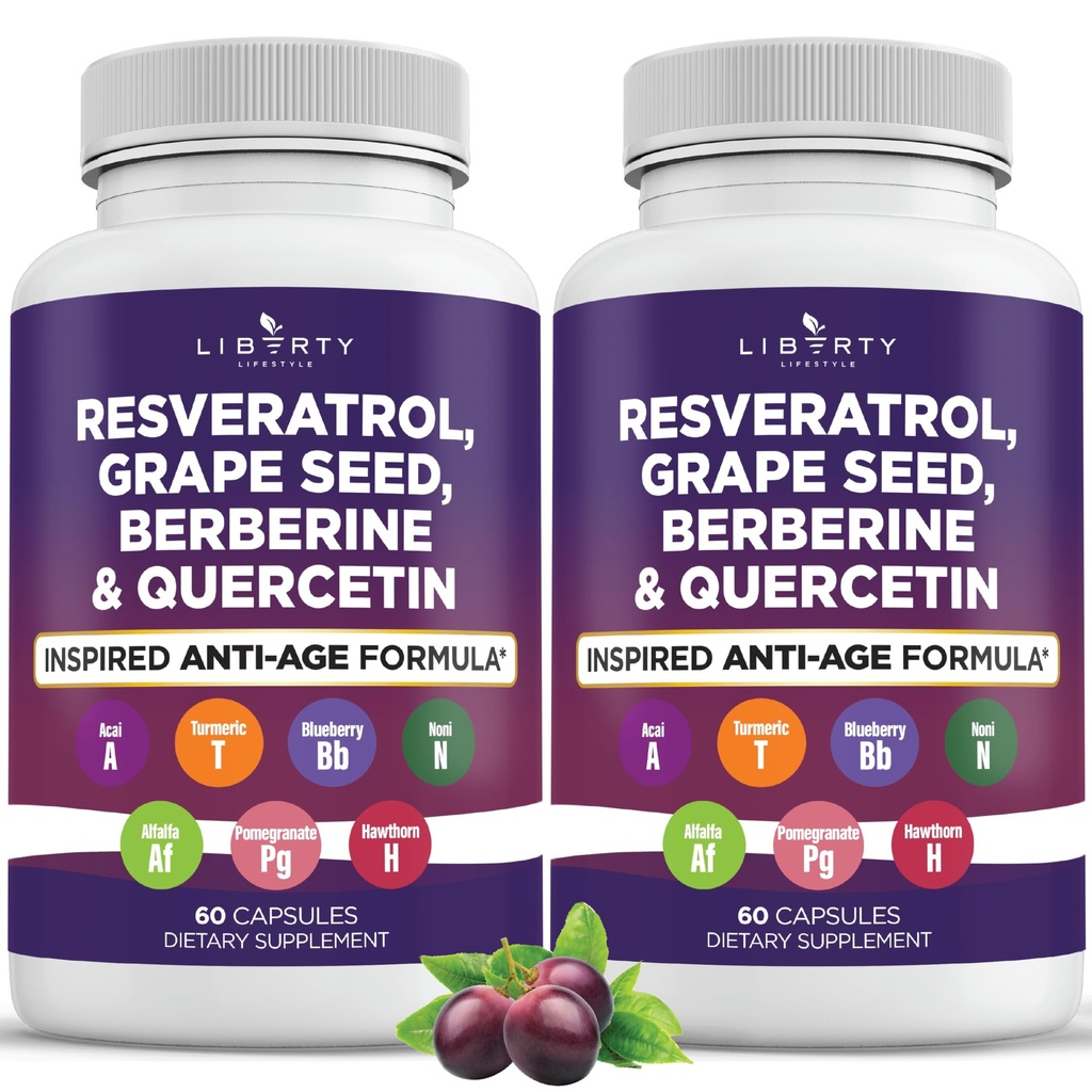 Resveratrol, Berberine, εκχύλισμα σπόρων σταφυλιών, Quercetin, συμπλήρωμα πολυφαινόλης για γυναίκες και άνδρες με εκχύλισμα Noni, N-Acetyl Cysteine, εκχύλισμα Acai - 2-Pack