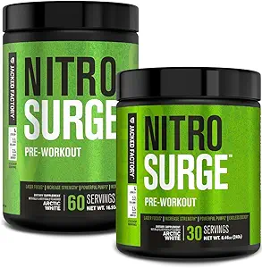 Jacked Factory NITROSURGE Pre Workout Supplement - Endless Energy, Instant Strength Gains, Clear Focus, Intense Pumps - NO Booster & Powerful Preworkout Energy Powder - 90 Servings, Arctic White