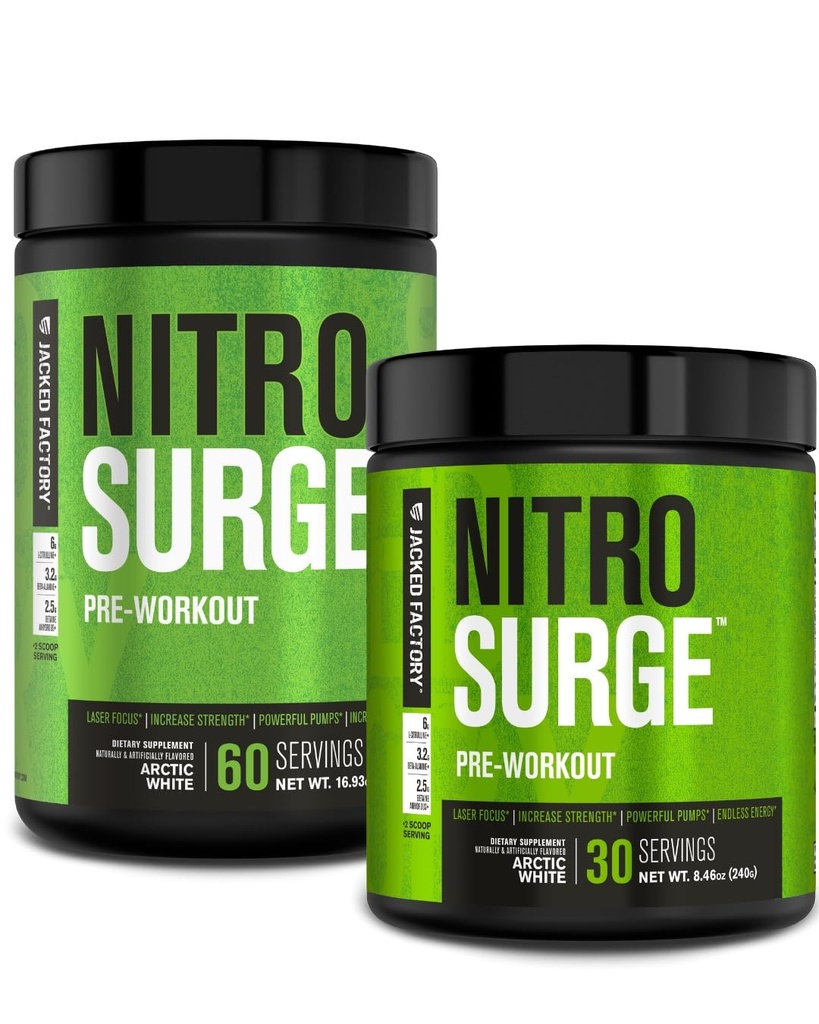 Jacked Factory NITROSURGE Preworkout Supplement - Ατελείωτη Ενέργεια, Άμεση Ενίσχυση Κερδίζει, Καθαρή Εστίαση, Έντονες Αντλίες - ΟΧΙ Booster & Ισχυρή Preworkout Ενέργεια Σκόνη - 90 Υπηρεσίες, Αρκτική Λευκό