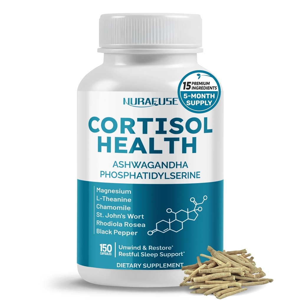 CORTISOL Health Ashwagandha 15-σε-1 Συμπλήρωμα με μαγνήσιο Φωσφατιδυλσερίνη L-Θεανίνη Χαμομήλι Ροδοδιόλη Rosea Licorice Holy Basil - Κατασκευασμένο στις ΗΠΑ