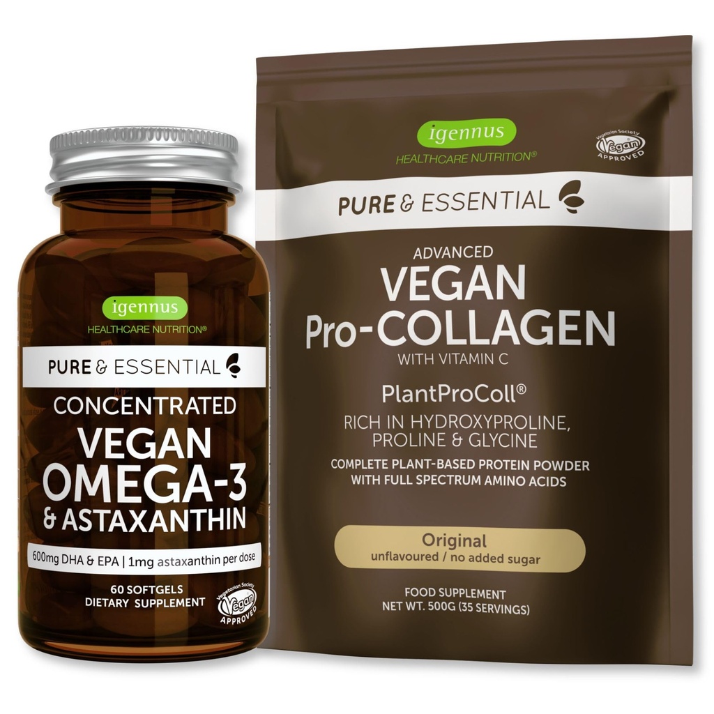 Pure & Essential Vegan Collagen Peptide Protein Powder & Vegan Omega 3 Bundle, Complete Collagen Booting Formula & Sustainable Algae Oil 1340mg, by Igenus