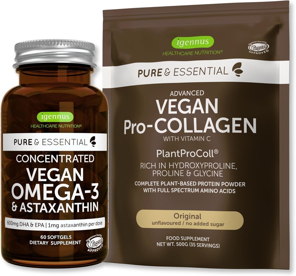 Pure & Essential Vegan Collagen Peptide Protein Powder & Vegan Omega 3 Bundle, Complete Collagen Booting Formula & Sustainable Algae Oil 1340mg, by Igenus