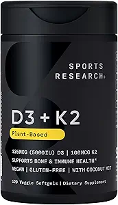 Sports Research Βιταμίνη D3 με K2 Softgels - Plant Based K2 & Vegan D3 5000iu with Coconut MCT Oil - Vegan Certified, Soy & Gluten Free - 120 Count