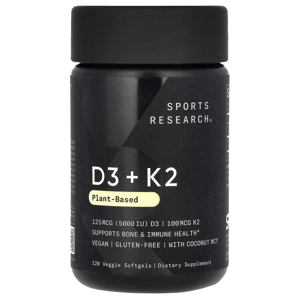 Sports Research Βιταμίνη D3 με K2 Softgels - Plant Based K2 & Vegan D3 5000iu with Coconut MCT Oil - Vegan Certified, Soy & Gluten Free - 120 Count