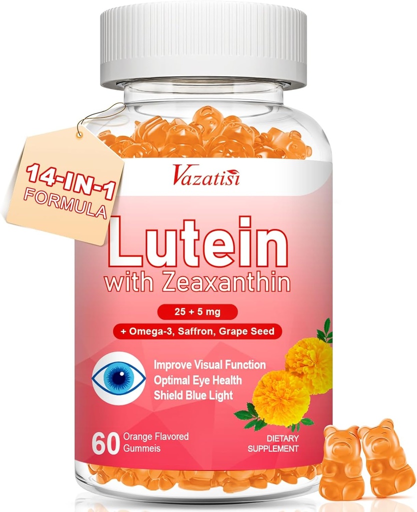 Lutein and Zeaxanthin Supplements Gummies, Advanced Eye Vitamin Supplement with Bilberry, Saffron, Grape Seed, Omega 3 for Macular Health, Dry Eye, Visual Function - Orange Flavor, 60 Count