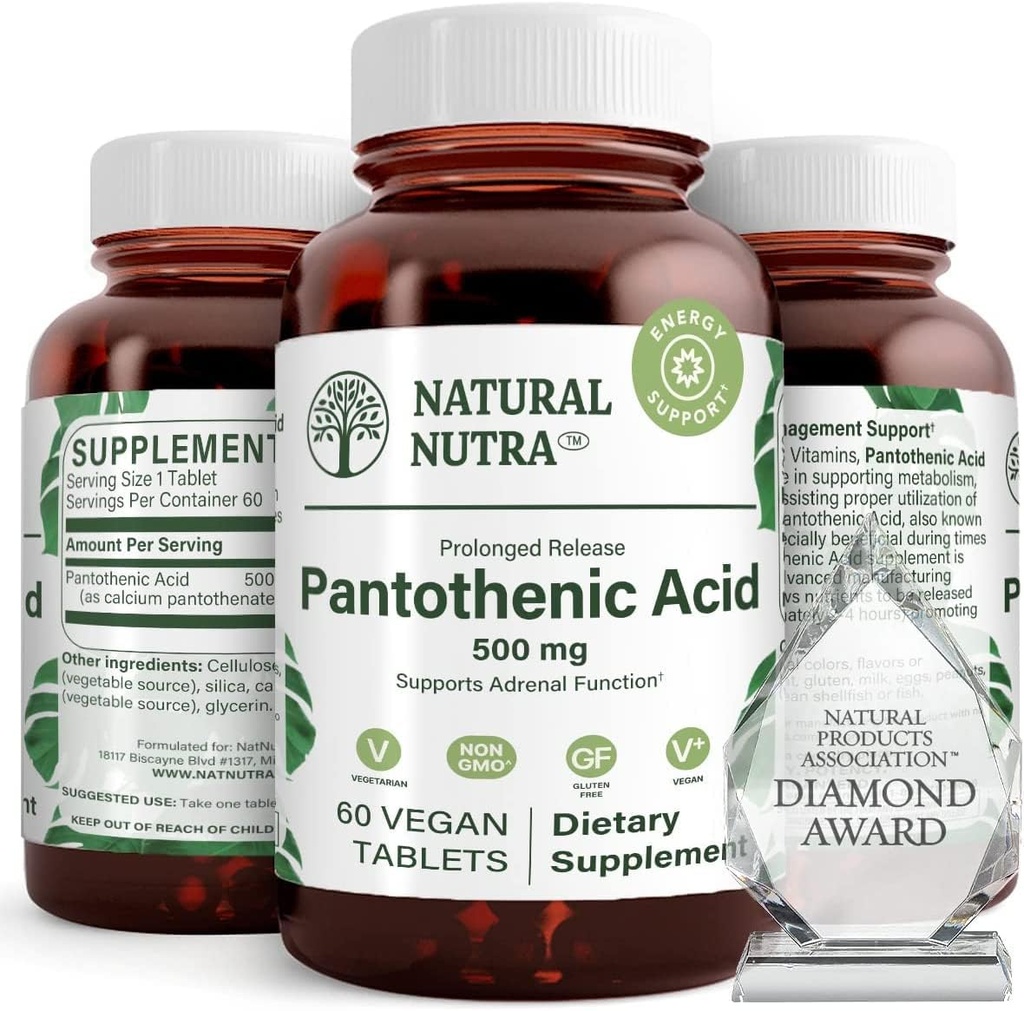 Natural Nutra Time Release Pantothenic Acid 500 mg, Βιταμίνη B5 συμπλήρωμα βοηθά να σπάσει λίπος και υδατάνθρακες, μεταβολισμό και ενέργεια, βελτίωση της υγείας των μυών, 60 χορτοφαγικά δισκία (3 Pack)