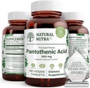 Natural Nutra Time Release Pantothenic Acid 500 mg, Βιταμίνη B5 συμπλήρωμα βοηθά να σπάσει λίπος και υδατάνθρακες, μεταβολισμό και ενέργεια, βελτίωση της υγείας των μυών, 60 χορτοφαγικά δισκία (3 Pack)
