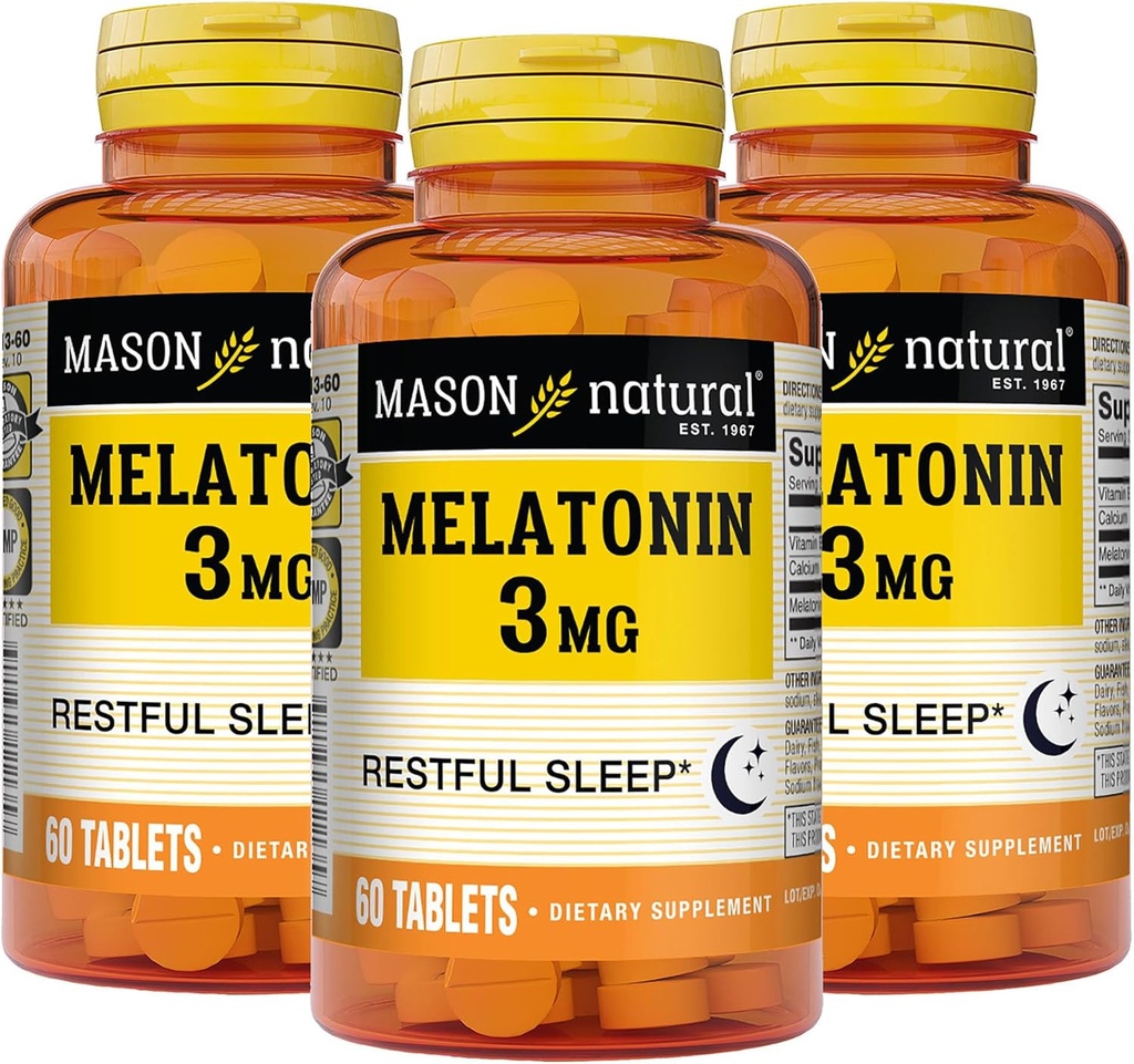 MASON NATURAL Μελατονίνη 3 mg με B6 & Ασβέστιο, Φυσική Βοήθεια για τον Ύπνο, Υποστηρίζει Αναπαύσιμο Ύπνο, 60 δισκία (πακέτο των 3)