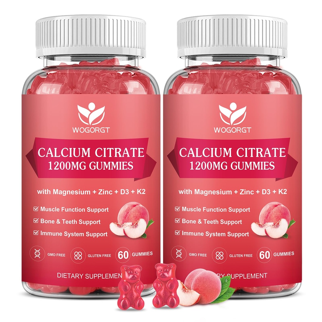 Κιτρικό ασβέστιο 1200mg Gummies με βιταμίνη D3, K2 - Μασώμενο ασβέστιο Μαγνήσιο Ψευδάργυρος d3 συμπλήρωμα με εκχύλισμα θαλάσσιας μόσχου για οστά, δόντια, ανοσοποιητική υποστήριξη για γυναίκες & άνδρες, Ροδάκινο Γεύση-60 Gummies(2Pack)