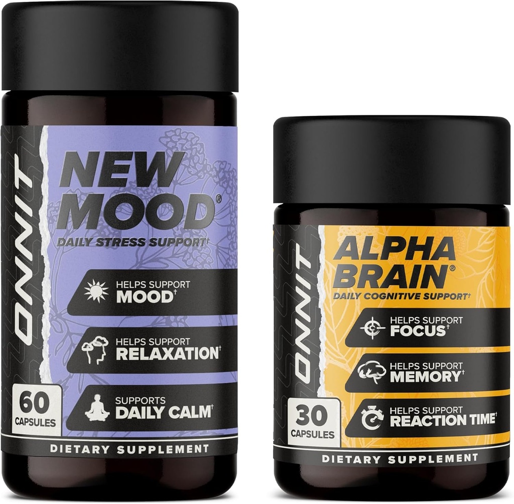 ONNIT Premium Alpha Brain Bundle - Nootropic Brain Supplement (30 Count) for Focus, Recentation & Memory + New Mood Supplement for Stress Relief, Sleep and Mood (60 Count)