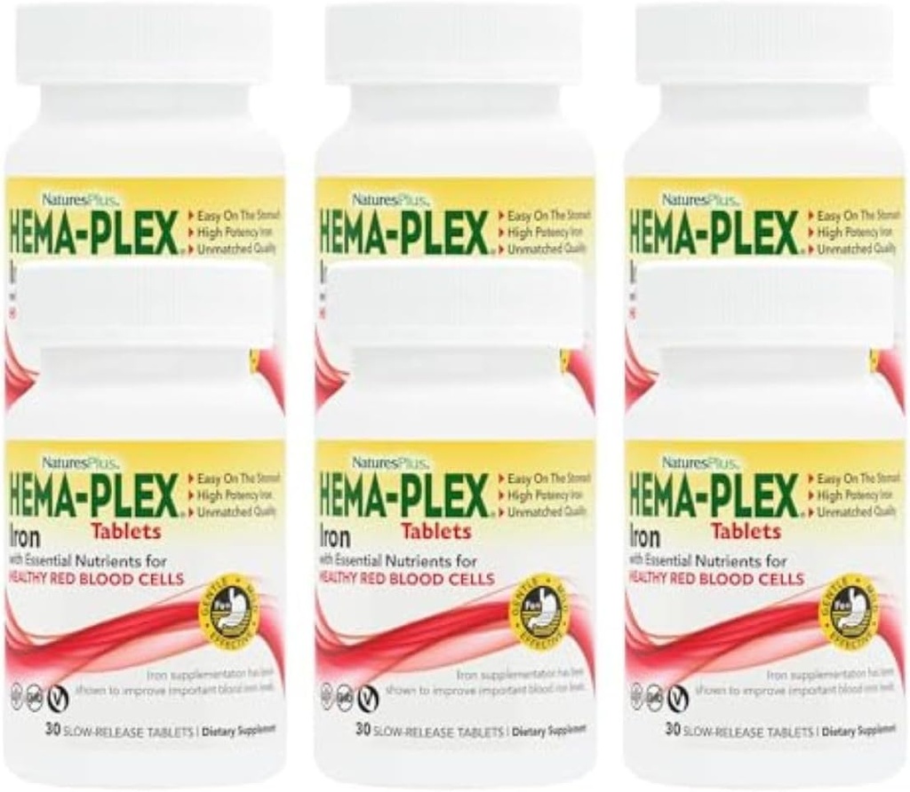 NaturesPlus Hema-Plex Iron - 30 δισκία παρατεταμένης αποδέσμευσης, Συσκευασία 6- 85 mg Στοιχειώδης σίδηρος - Ολική υγεία αίματος - με βιταμίνη C & Bioflavonoids - Vegan, Χωρίς γλουτένη - 180 Σύνολο Σερβίρεις