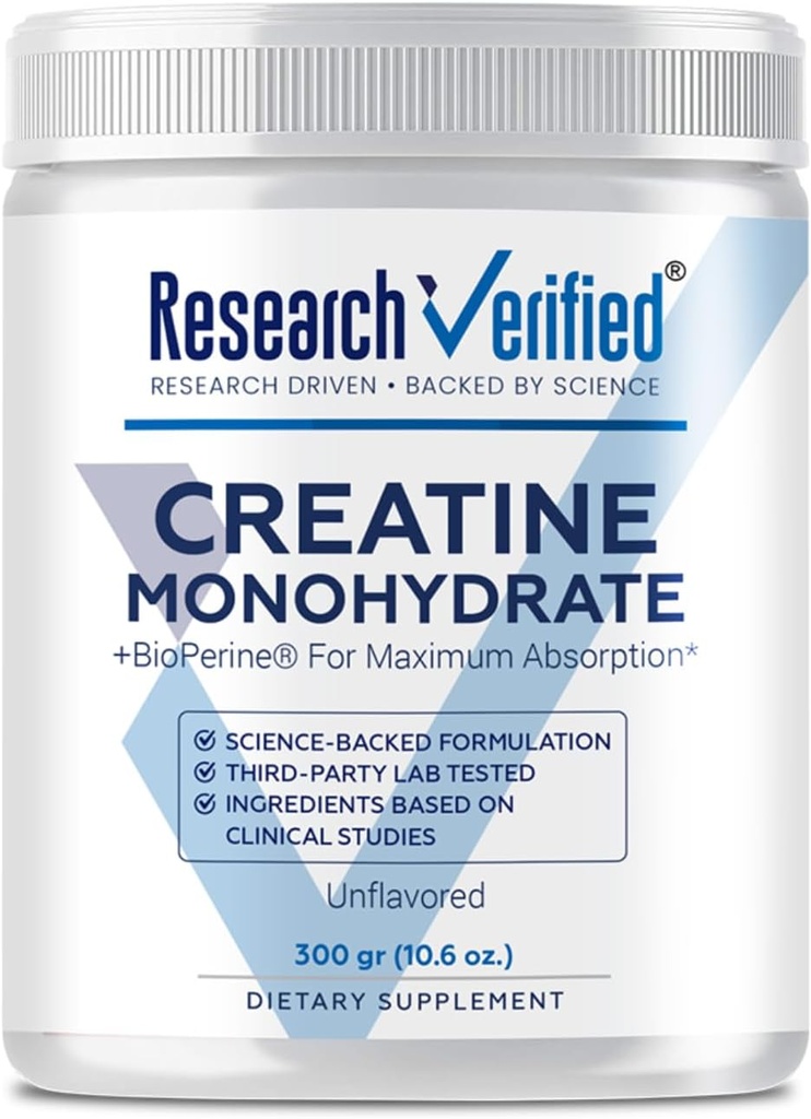 Research Verified Creatine Monohydrate - Support Optimal Muscle Growth, Enhance Performance - 5000mg Creatine Monohydrate - BioPerine - 60 Servings - Unflavored - Vegan