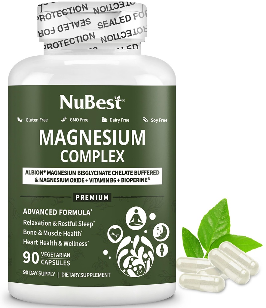 Magnesium Glycinate Chelate Complex with Albion Magnesium Bisglycinate Chelate, Vitamin B6 & BioPerine for Bone, Muscle, Natural Sleep, Nerve Function, Brain Booster | 3 Months Supply