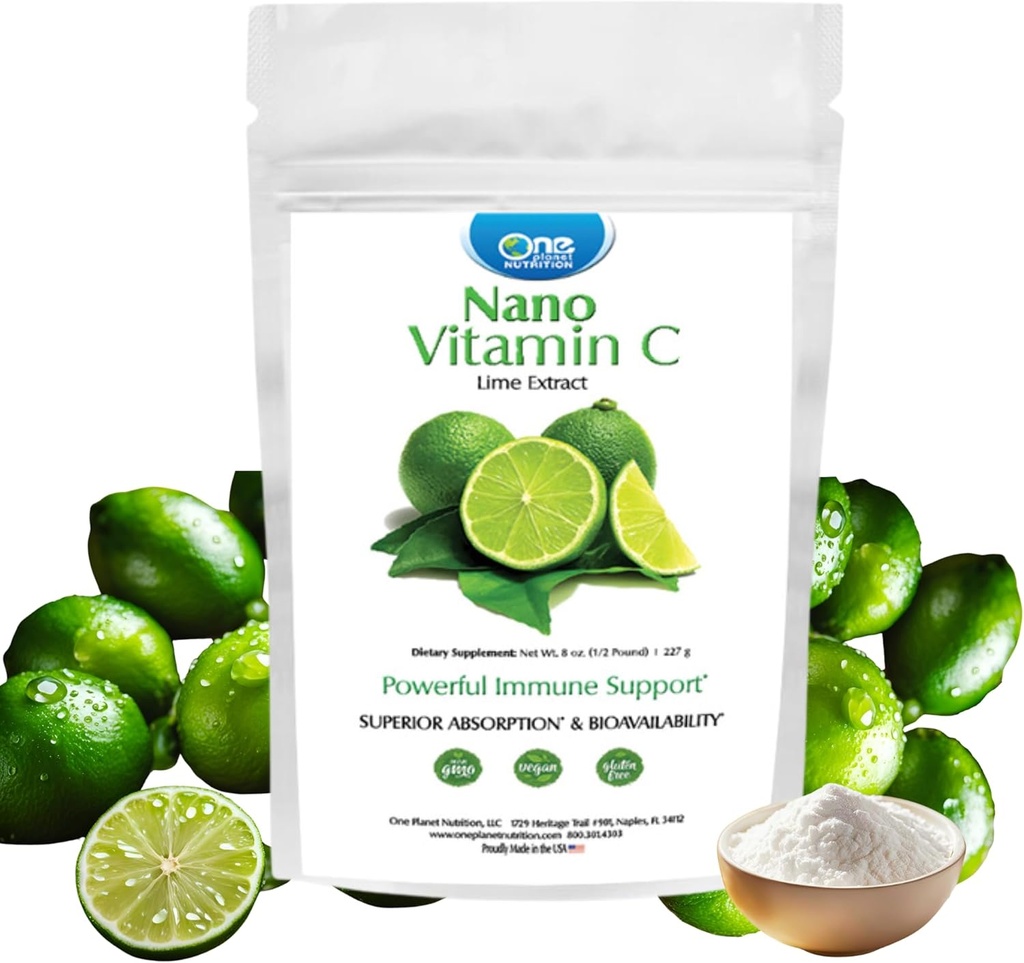 One Planet Nutrition Nano Vitamin C Powder 8 oz (227 Servings), Ασκορβικό οξύ από εκχύλισμα ασβέστη, Nano για ενισχυμένη απορρόφηση, υποστηρίζει την παραγωγή κολλαγόνου & ανοσοποιητική υγεία, μη ΓΤΟ, Vegan