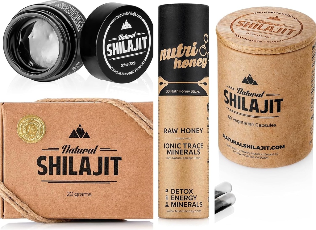 NATURAL SHILAJIT Resin 20G, Shilajit Honey Sticks 30 Count Capses 60 Count