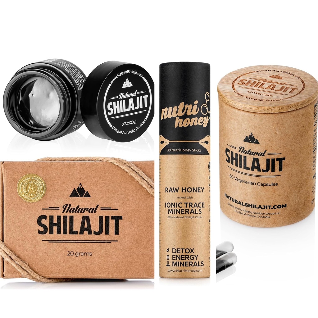 NATURAL SHILAJIT Resin 20G, Shilajit Honey Sticks 30 Count Capses 60 Count
