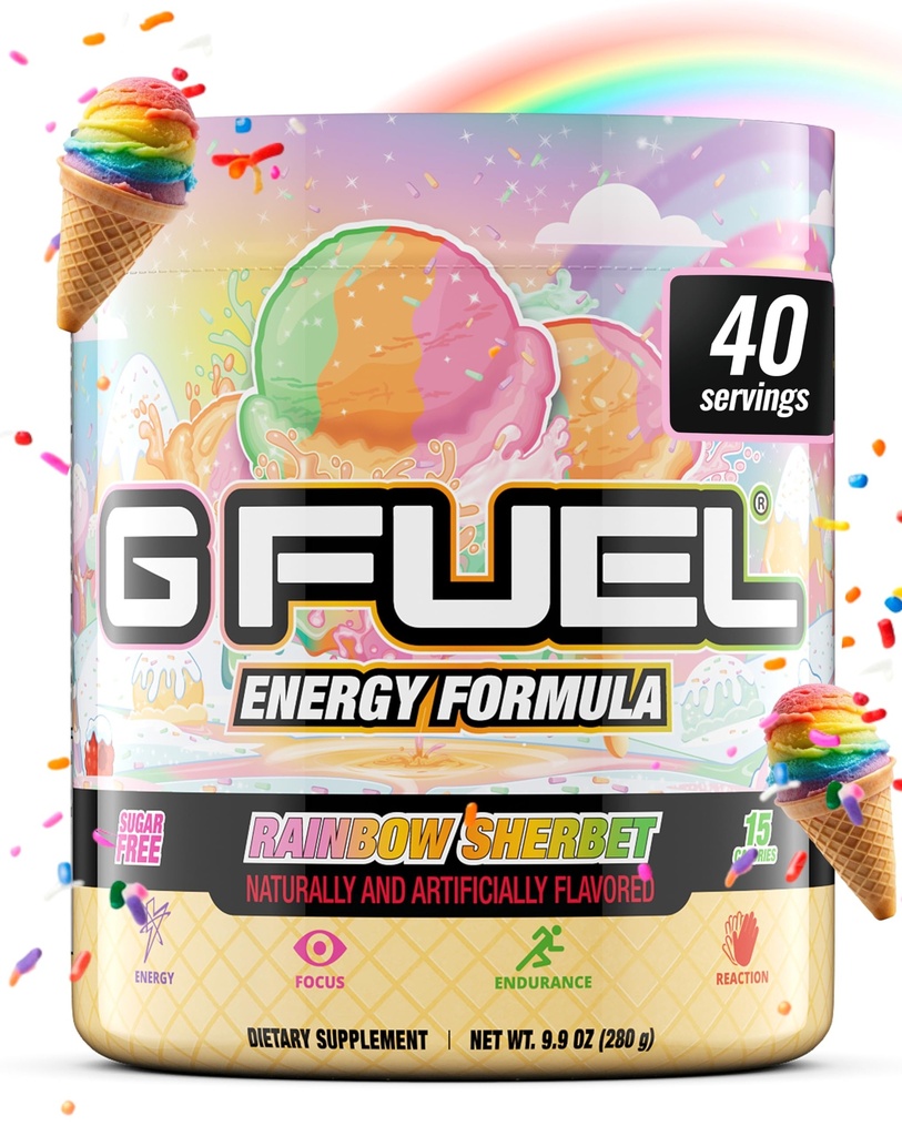 G Καύσιμα Rainbow Sherbet Energy Drink Powder, Pre Workout Caffeine Mix for Gaming, Sugar Free Focus Amino, Βιταμίνη + Αντιοξειδωτικά, 9.9oz (Ουράνιο τόξο Sherbet, 40 Servings)