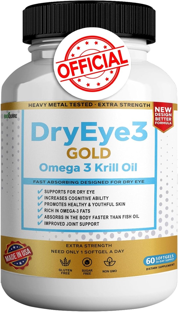Ξηρό μάτι 3 χρυσό Omega 3 Krll Oil επιπλέον δύναμη, 60 Softgels, ξηροφθαλμία υποστήριξη, μη GMO, χωρίς γλουτένη, ζάχαρη δωρεάν (1)