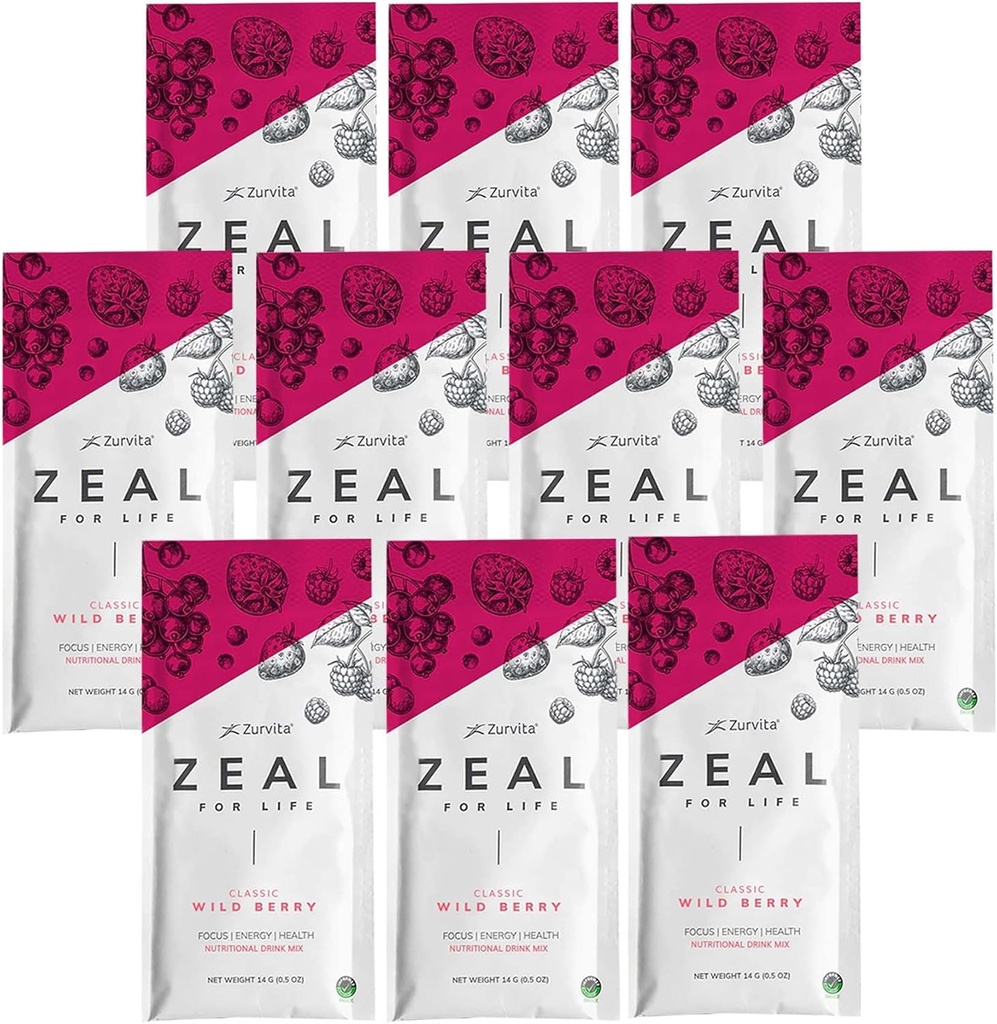 Zurvita - Zeal for Life Wellness Drink Mix - Άγριο μούρο (Classic) Γεύση - Χωρίς γλουτένη, Vegan, με βιταμίνες και ορυκτά - 10 μονά πακέτα