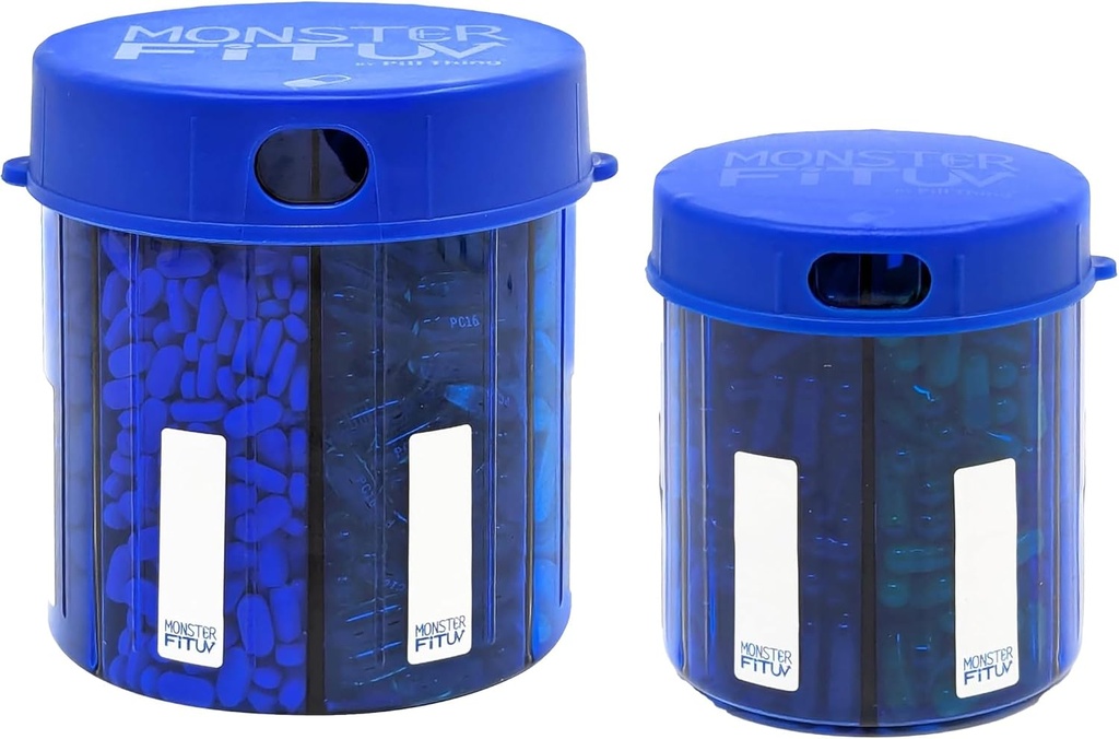 Συμπληρώματα Monster Medication Pill Dispenser με ετικέτες διαμερισμάτων - Extra Large Pill Container Bottle Handles Σχεδόν οποιοδήποτε συμπλήρωμα - Εύκολο στην Dispense (Monster Blue & Monster Jr. Blue)