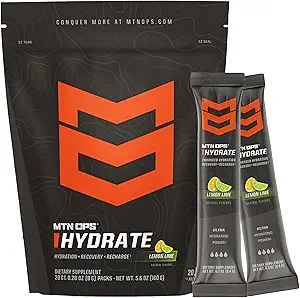 MTN OPS Hydrate Electrolytes Powder Drink Mix, 20 Single Serving On-The-Go Electrolyte Packs με πάνω από 1000mg ηλεκτρολυτών ανά Σερβίρισμα, Lemon Lime
