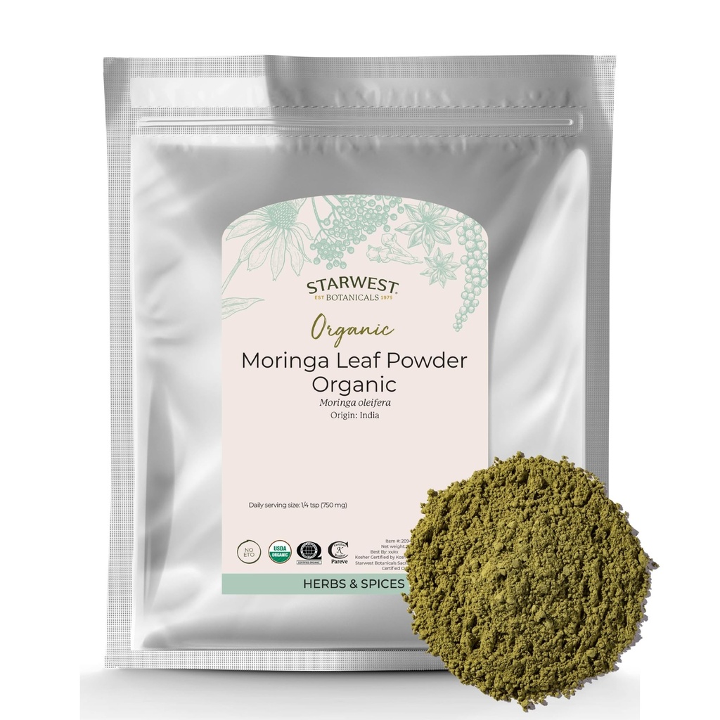 Starwest Botanicals Organic Moringa Leaf Powder - Πράσινο Superfood Powder για τσάι, κάψουλες, χυμός, & smoothies, Φυσική πηγή αντιοξειδωτικών, Certified Kosher, μη GMO - Bulk 1 LB Bag