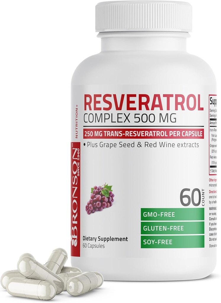 Bronson Resveratrol 500 Complex Standardized Trans-Resveratrol + Σπόροι σταφυλιών & εκχύλισμα ερυθρού κρασιού, 60 κάψουλες