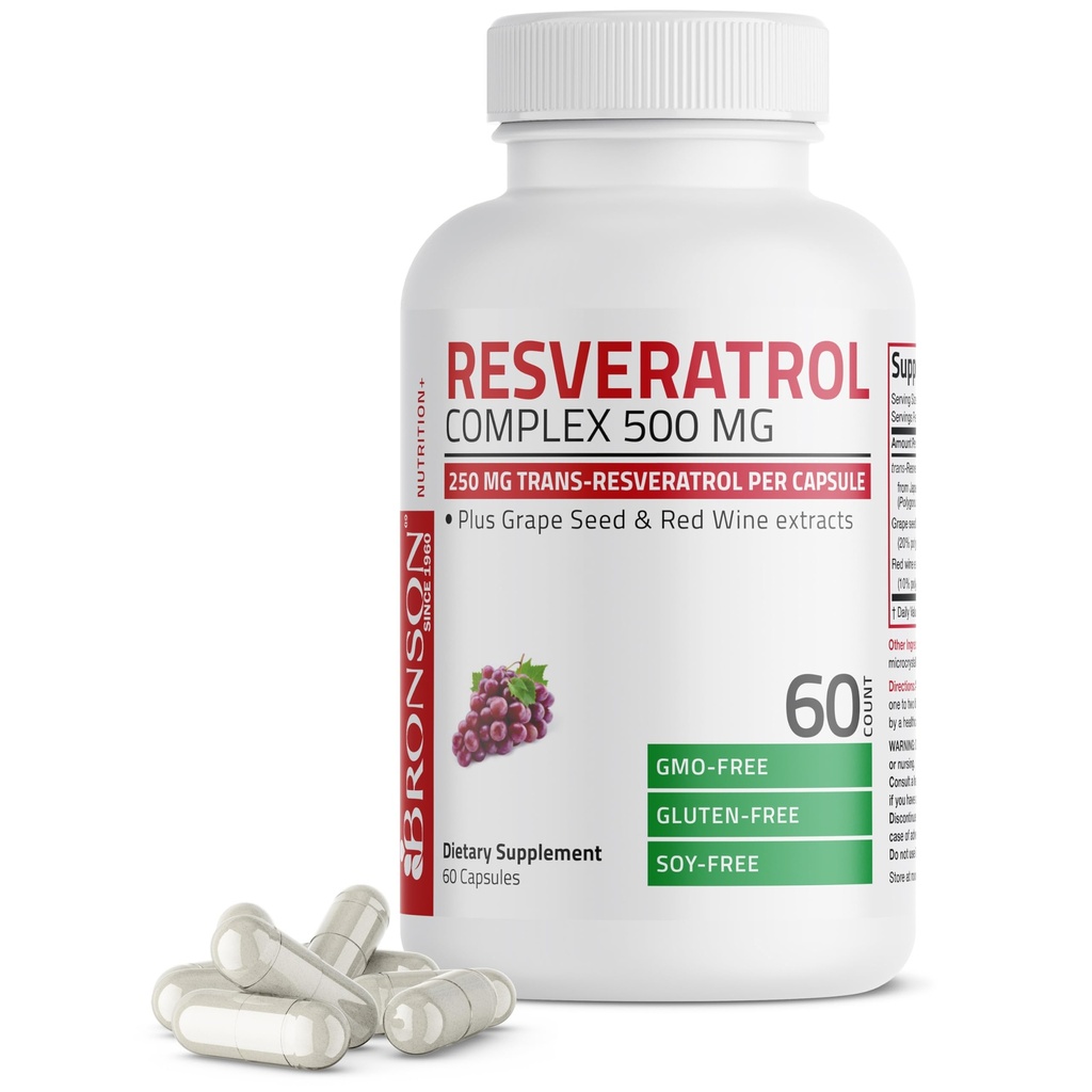 Bronson Resveratrol 500 Complex Standardized Trans-Resveratrol + Σπόροι σταφυλιών & εκχύλισμα ερυθρού κρασιού, 60 κάψουλες