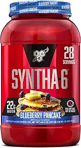 BSN SYNTHA-6 Premium Protein Powder with 6g of Fiber, Whey Protein, Micellar Casein, Milk Protein Isolate Blend, 5g Fat, Blueberry Pancake, 28 Servings (Packaging May Vary)